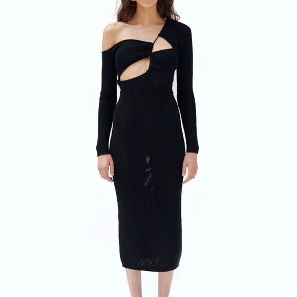 Ronny Kobo Dress Black One Shoulder Cut Out Crochet Knit Midi Dress Size S